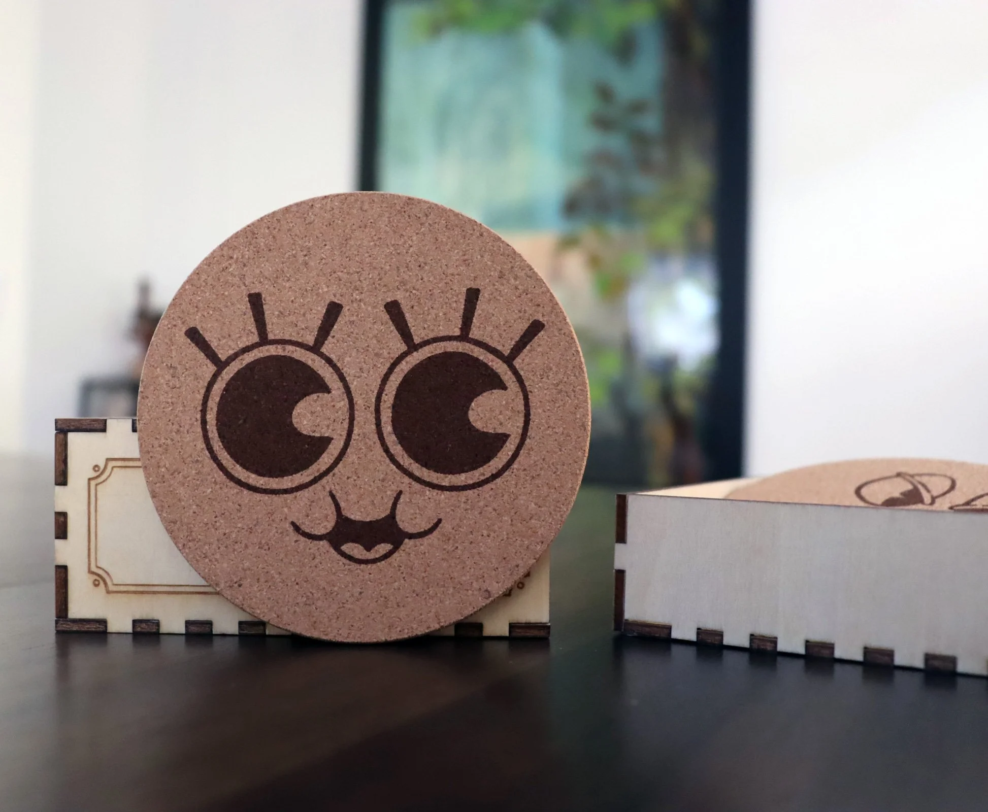 Moon_Eyes Cork coaster engraved with wide-eyed vintage cartoon face