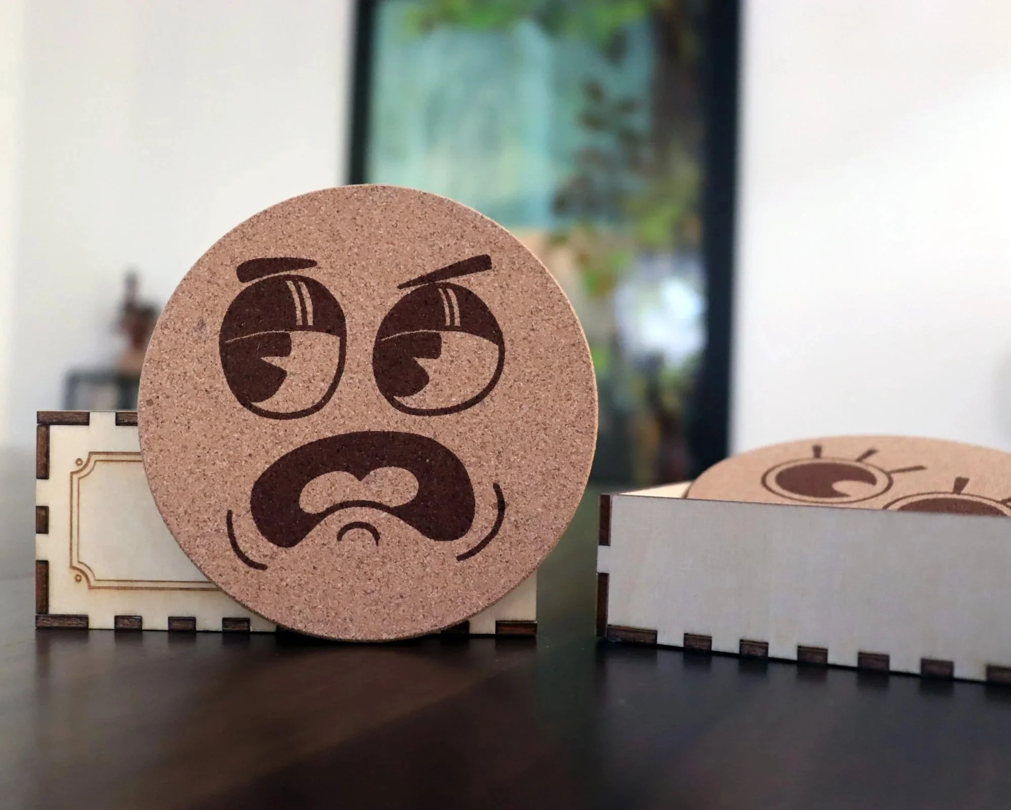 Sour_Grapes Cork coaster engraved with displeased vintage cartoon face