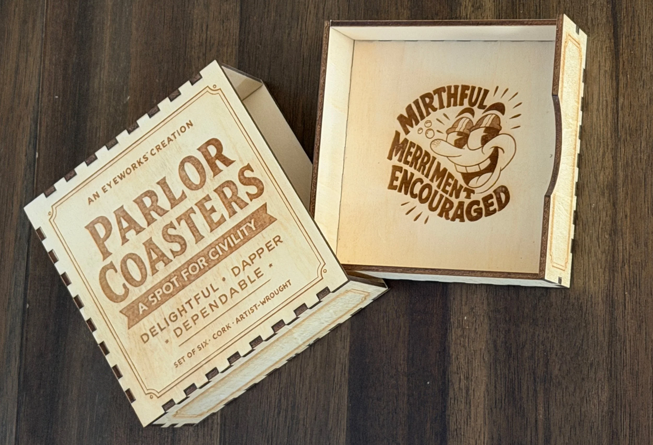 Box_1 Laser-cut wooden presentation box for Parlor Coasters set