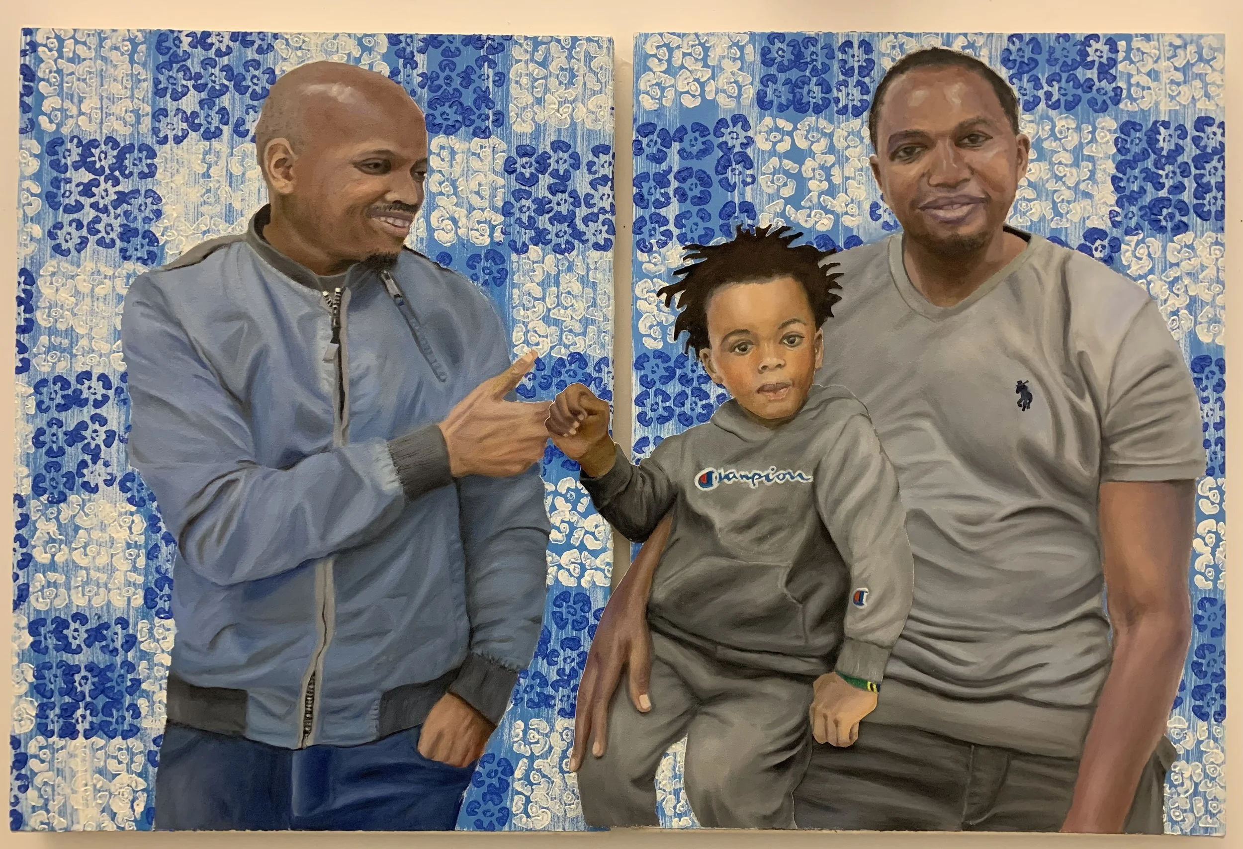 Radiology Team and Son Isaac, Oil and Handmade Stamps on Paper mounted to Canvas, 46x30", 2023(?)