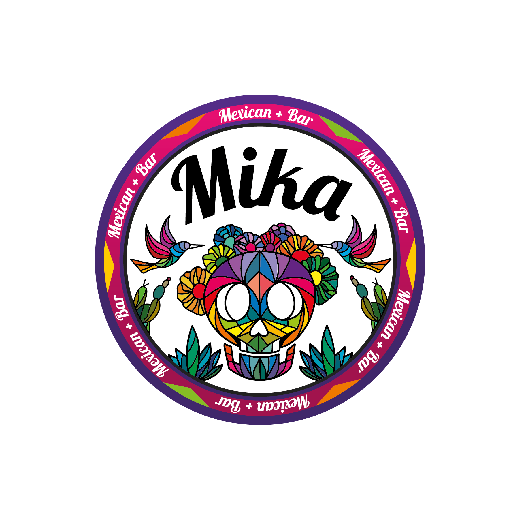 Colorful logo for Mika Mexican Bar, featuring a decorated sugar skull, two hummingbirds, and a circular text border with the words "Mika Mexican + Bar" repeated around the edge.