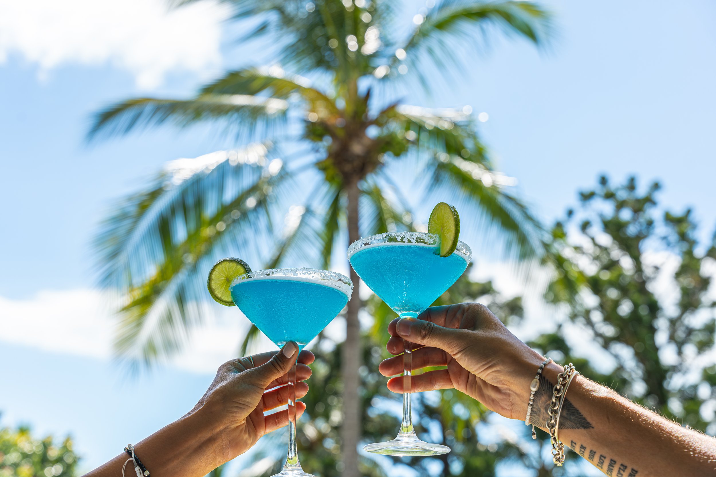 Two people holding blue cocktails with lime slices outdoors, palm trees and a clear blue sky in the background.