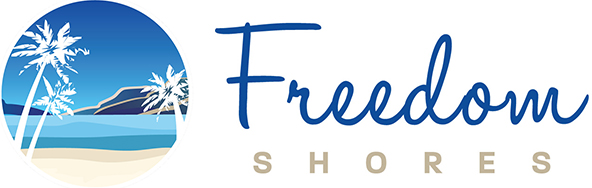 Logo for Freedom Shores featuring a beach scene with palm trees and a mountain in the background.
