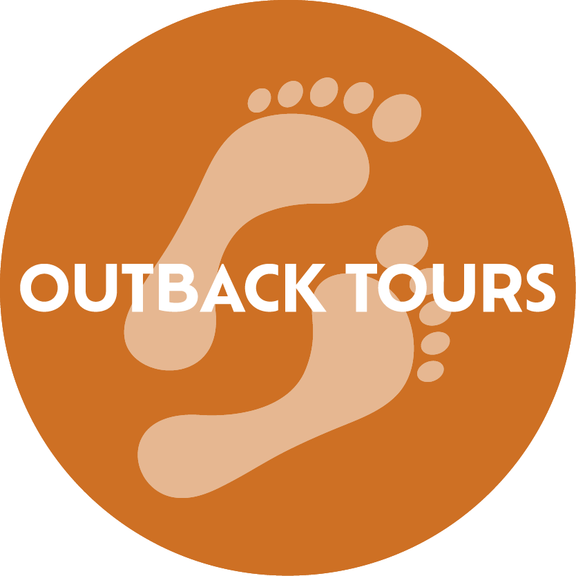 A circular logo with a brown background, featuring a stylized footprint graphic and the text 'OUTBACK TOURS' in bold white letters across the center.