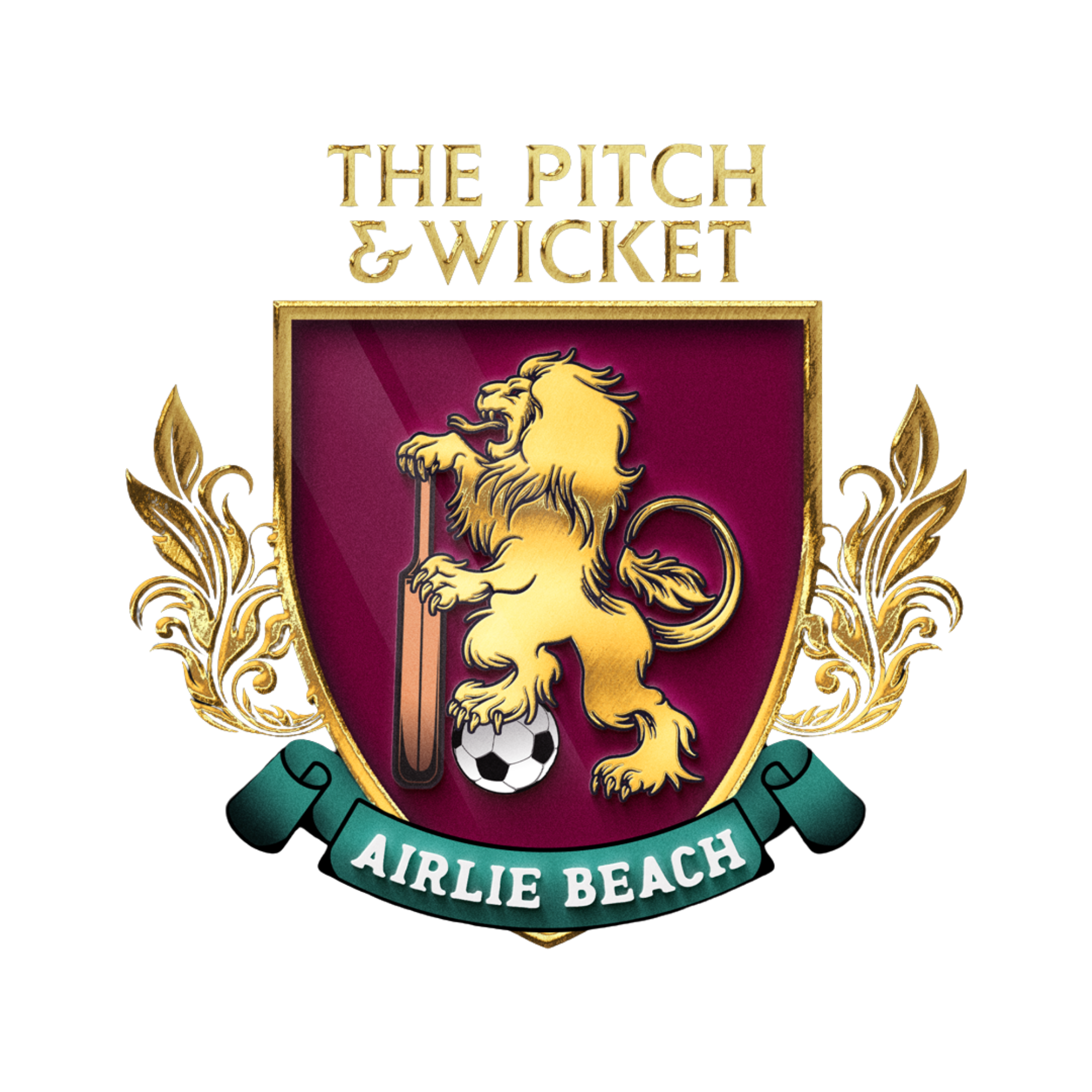 The Rugby & Wicket logo features a shield with a gold lion holding a soccer ball and a cricket bat, with decorative gold leaves on each side. Above the shield is the text 'The Pitch & Wicket' in gold letters, and below is a teal banner with the words 'Airlie Beach' in white.