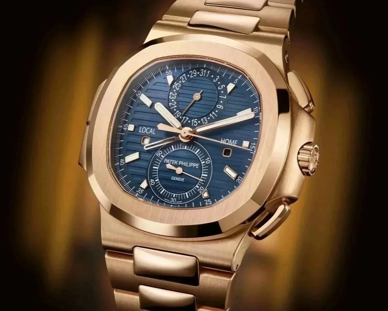Close-up of a luxury gold wristwatch with a blue dial, multiple sub-dials, and intricate details including date, time, and dual time zones.