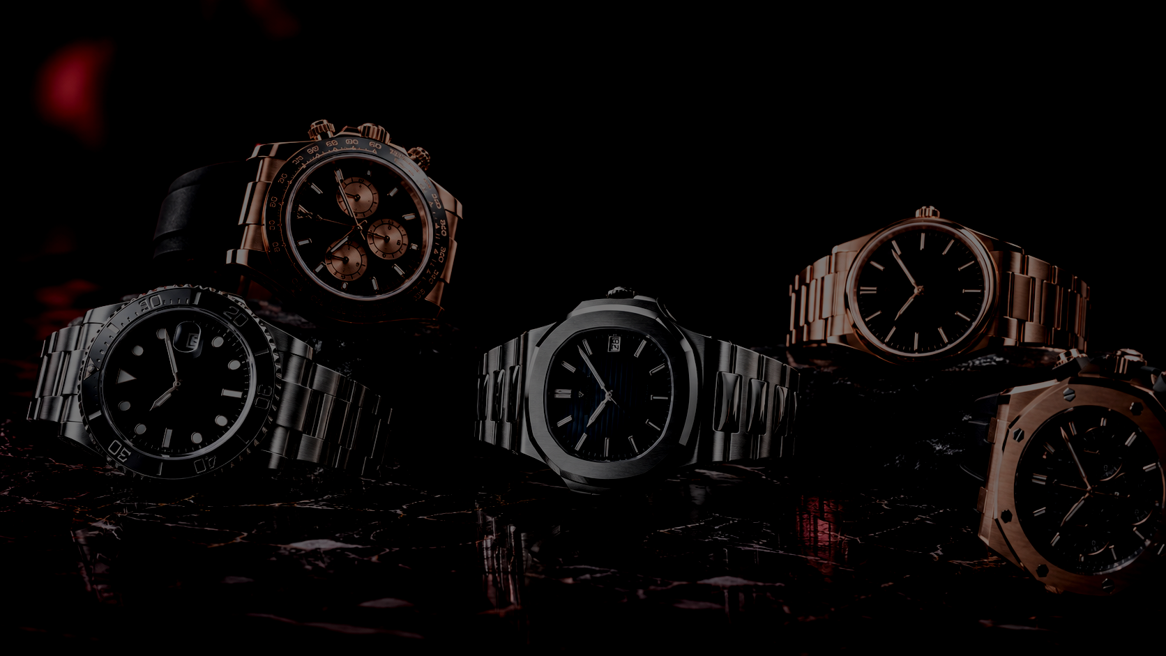 Collection of luxury wristwatches with metallic bands and round faces, displayed on a dark, reflective surface.