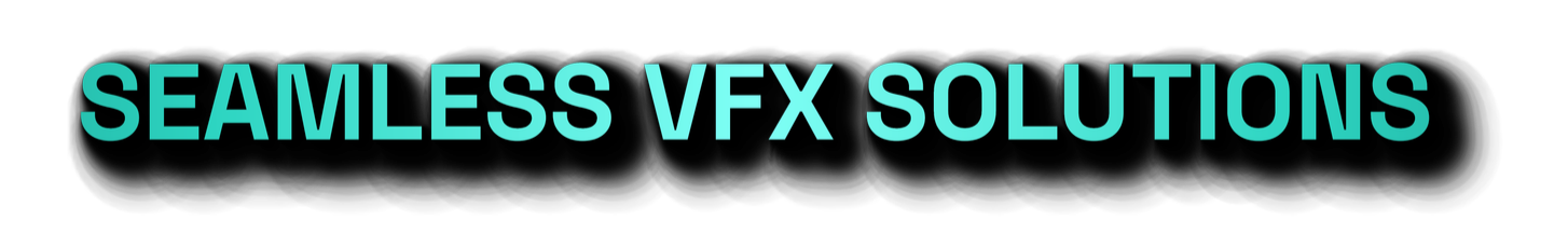 Tagline 'SEAMLESS VFX SOLUTIONS' in large, teal capital letters on a black background.