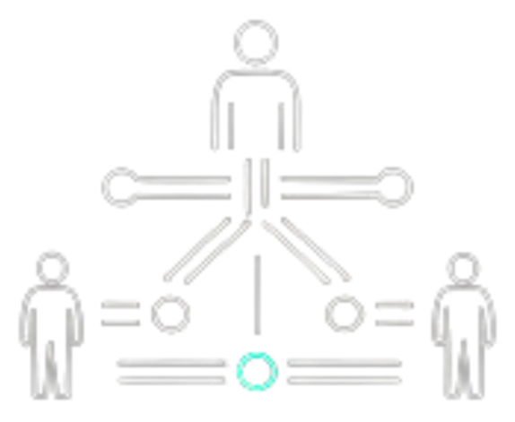 Diagram showing a central figure connected to four other figures and labeled components in a professional or organizational structure.