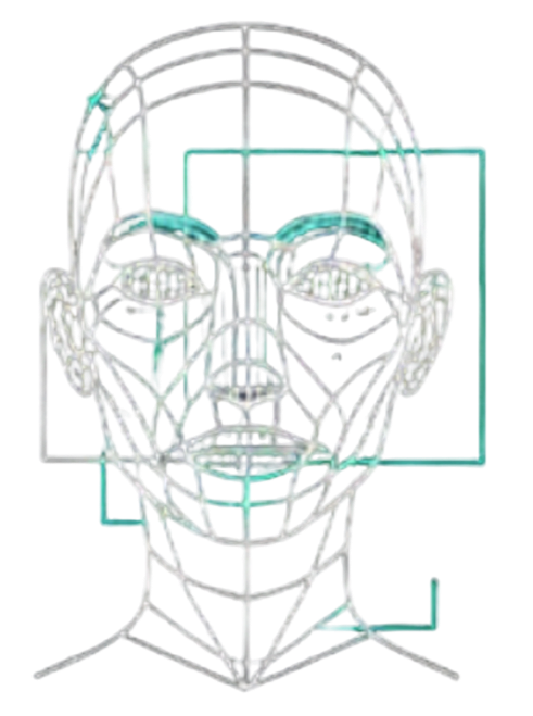 Neon art sculpture of a human face made of white light outlines with a turquoise background and geometric shapes.