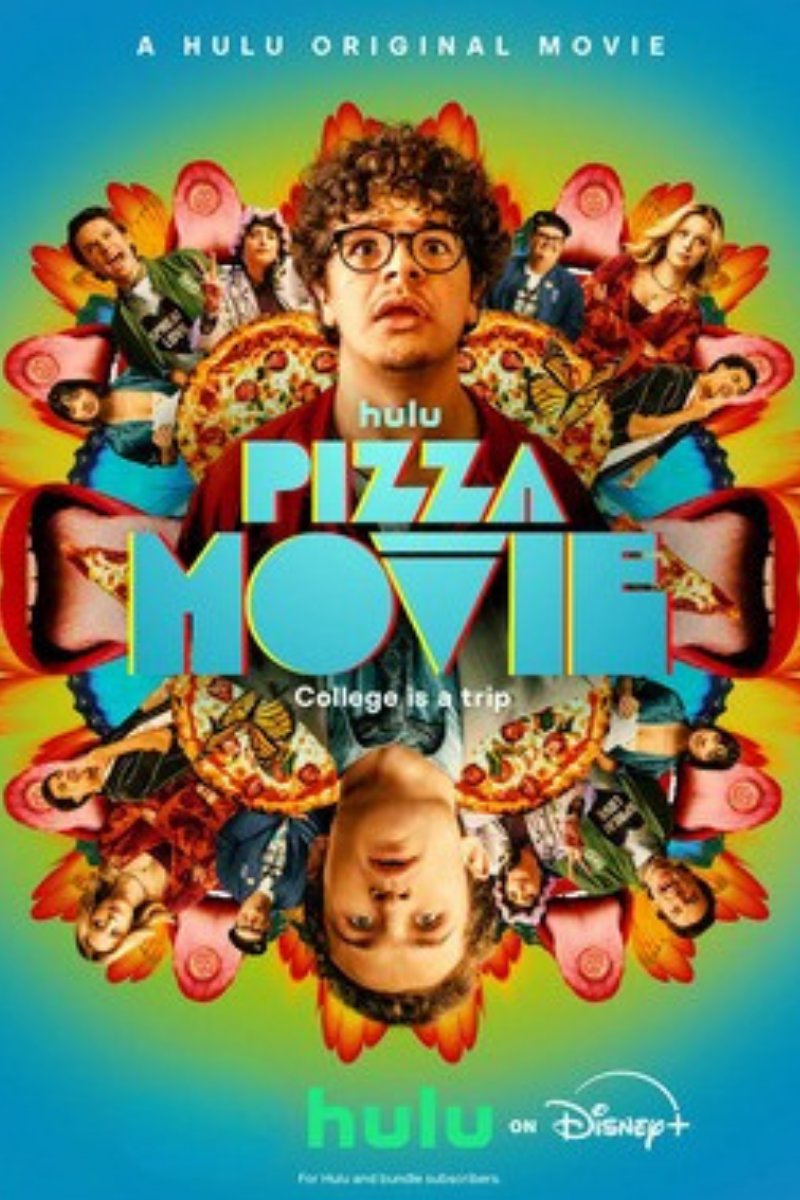 Colorful movie poster for Hulu's 'Pizza Movie,' showing two main characters' faces, one male with curly hair and glasses, and one female with long hair, surrounded by a collage of friends, butterflies, and pizza slices.