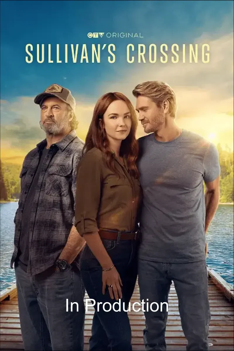 Poster for the TV show Sullivan's Crossing featuring three characters standing on a wooden dock with a lake and trees in the background, during sunset, with text indicating it is an original production.