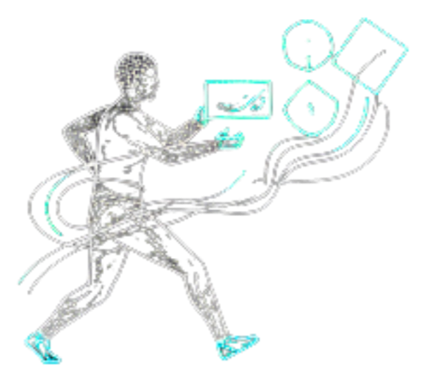 Illustration of a person walking while holding a laptop, with various floating icons representing technology and data around them.