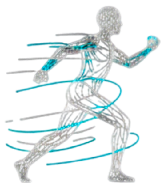 A diagram of a running human figure with arrows indicating motion flow around the body.