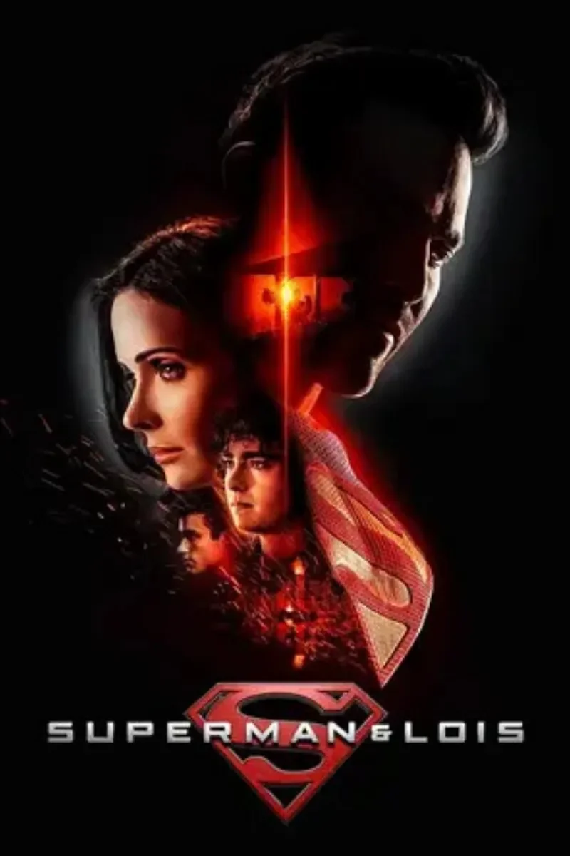 Poster for the movie "Superman & Lois" featuring multiple characters, including Superman with a glowing 'S' symbol on his chest, and other characters in dramatic lighting.