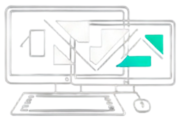 A digital illustration of a desktop computer monitor, a laptop, a tablet, and a smartwatch, all with abstract neon-style representations of graphs and charts.