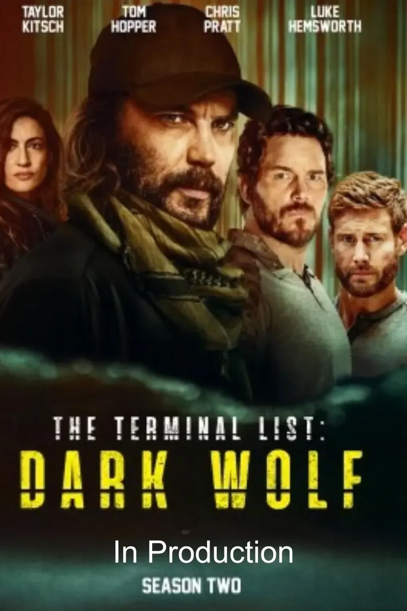Promotional poster for the TV series 'The Terminal List: Dark Wolf,' featuring cast members Taylor Kitsch, Tom Hopper, Chris Pratt, and Luke Hemsworth, with text indicating it's in production for season two.