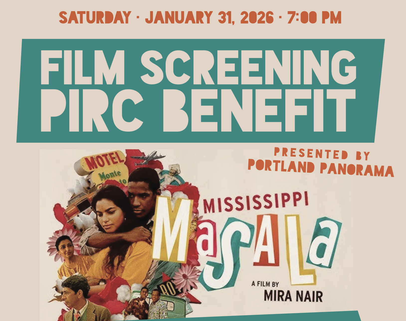 Film screening event poster featuring the movie 'Mississippi Masala' by Mira Nair, with a collage of characters, colorful text, and event details such as date, time, and location.
