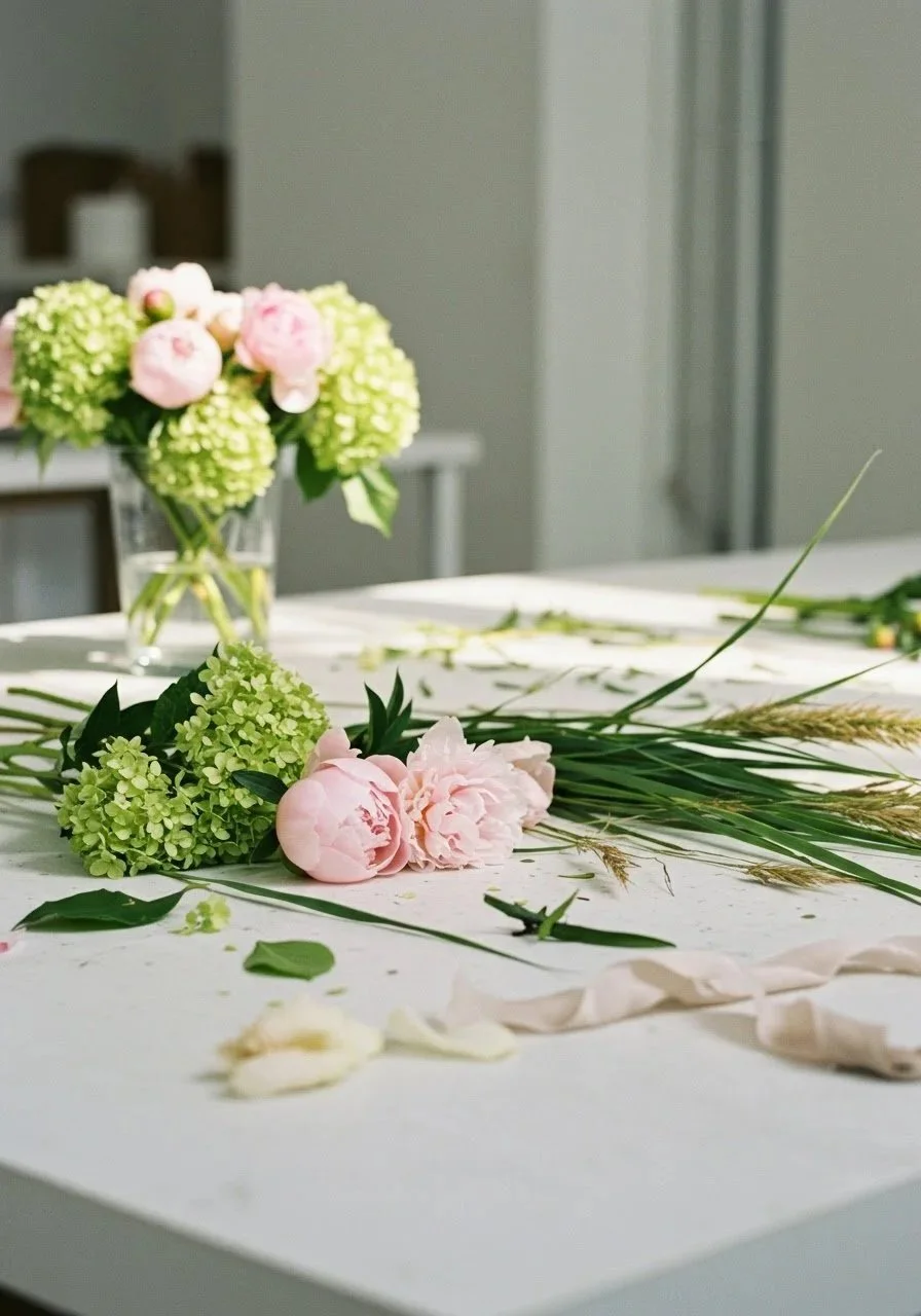 Floral arrangement of pink peonies and green hydrangeas on a white table, with flower petals and greenery scattered around, in a well-lit room.
