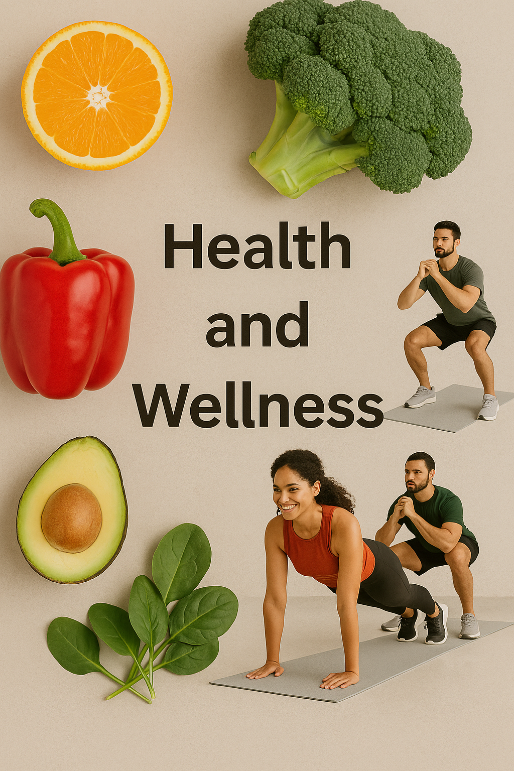 An infographic featuring healthy foods like orange, broccoli, red bell pepper, avocado, and spinach, along with two people exercising and the text "Health and Wellness".