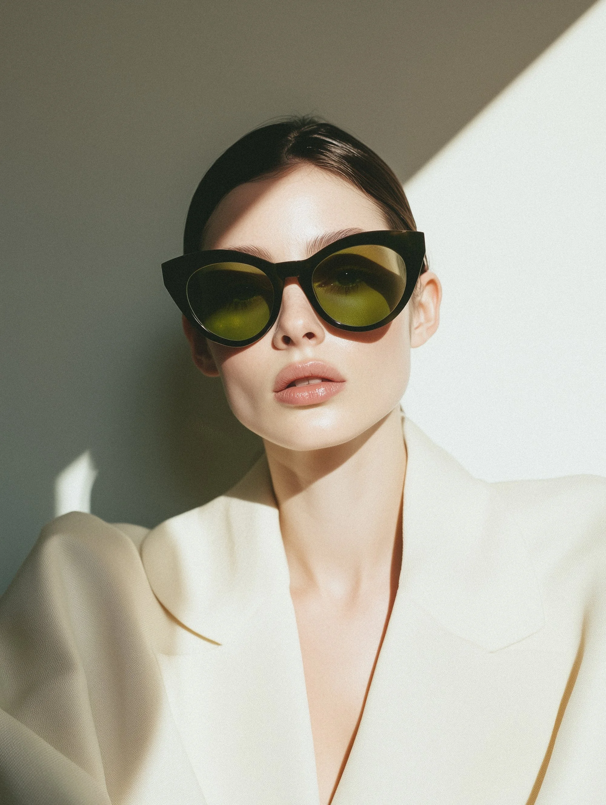 Fashionable woman wearing oversized black sunglasses and a white blazer, with a minimalist and modern style, posing against a light background.