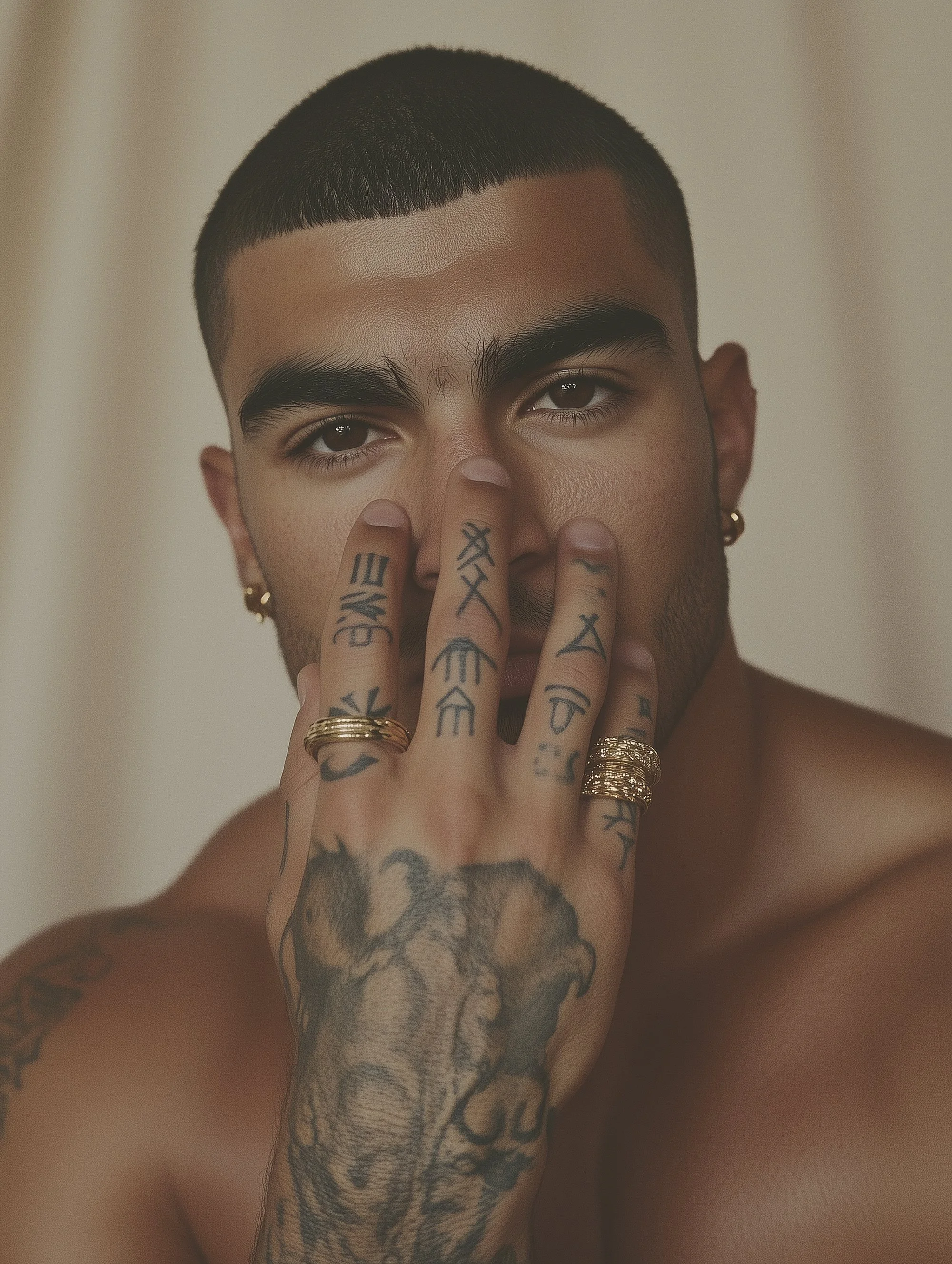 Man with tattoos and rings on hands covering part of face