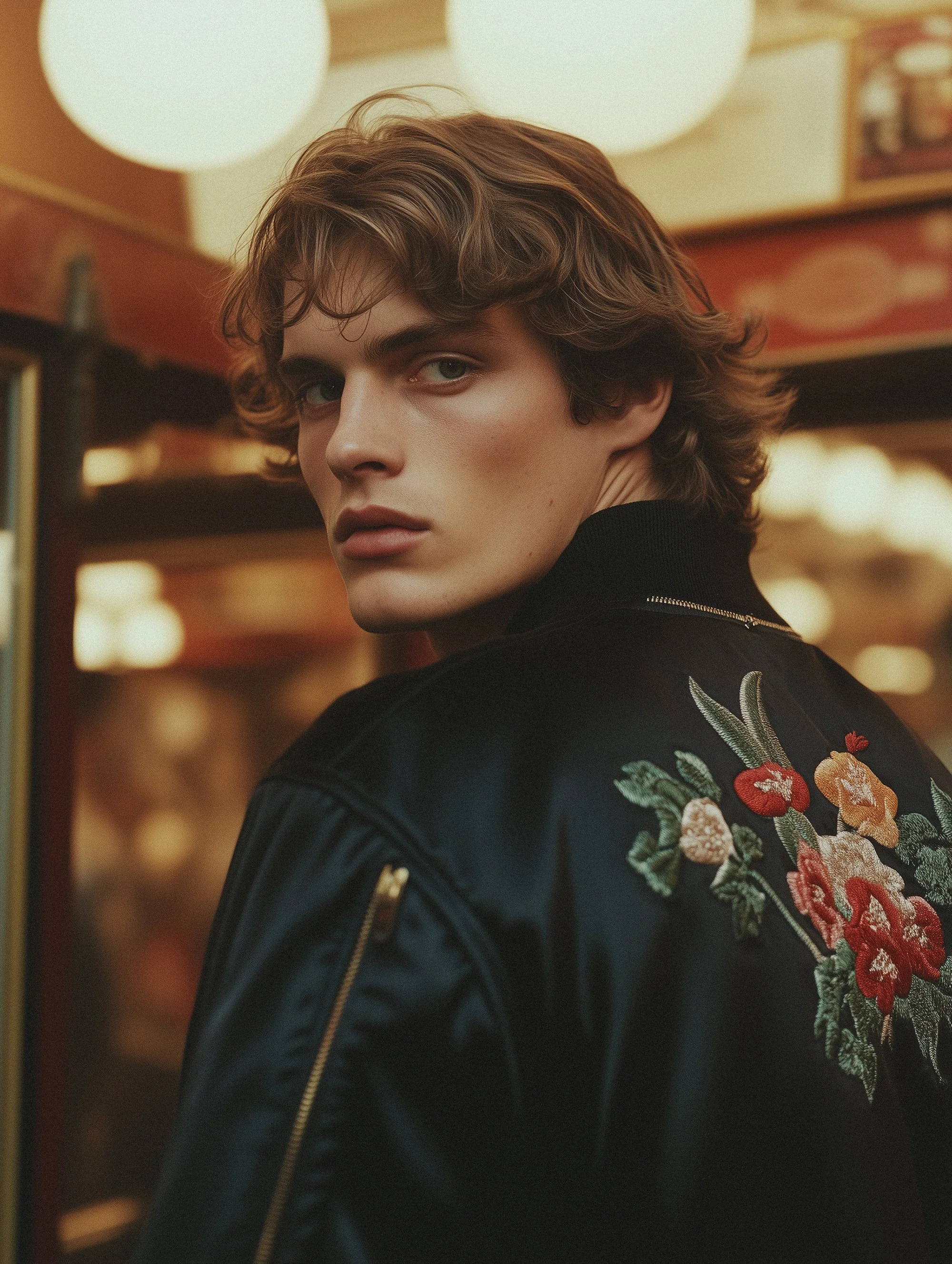 Person wearing a floral embroidered black jacket in an indoor setting with warm lighting.