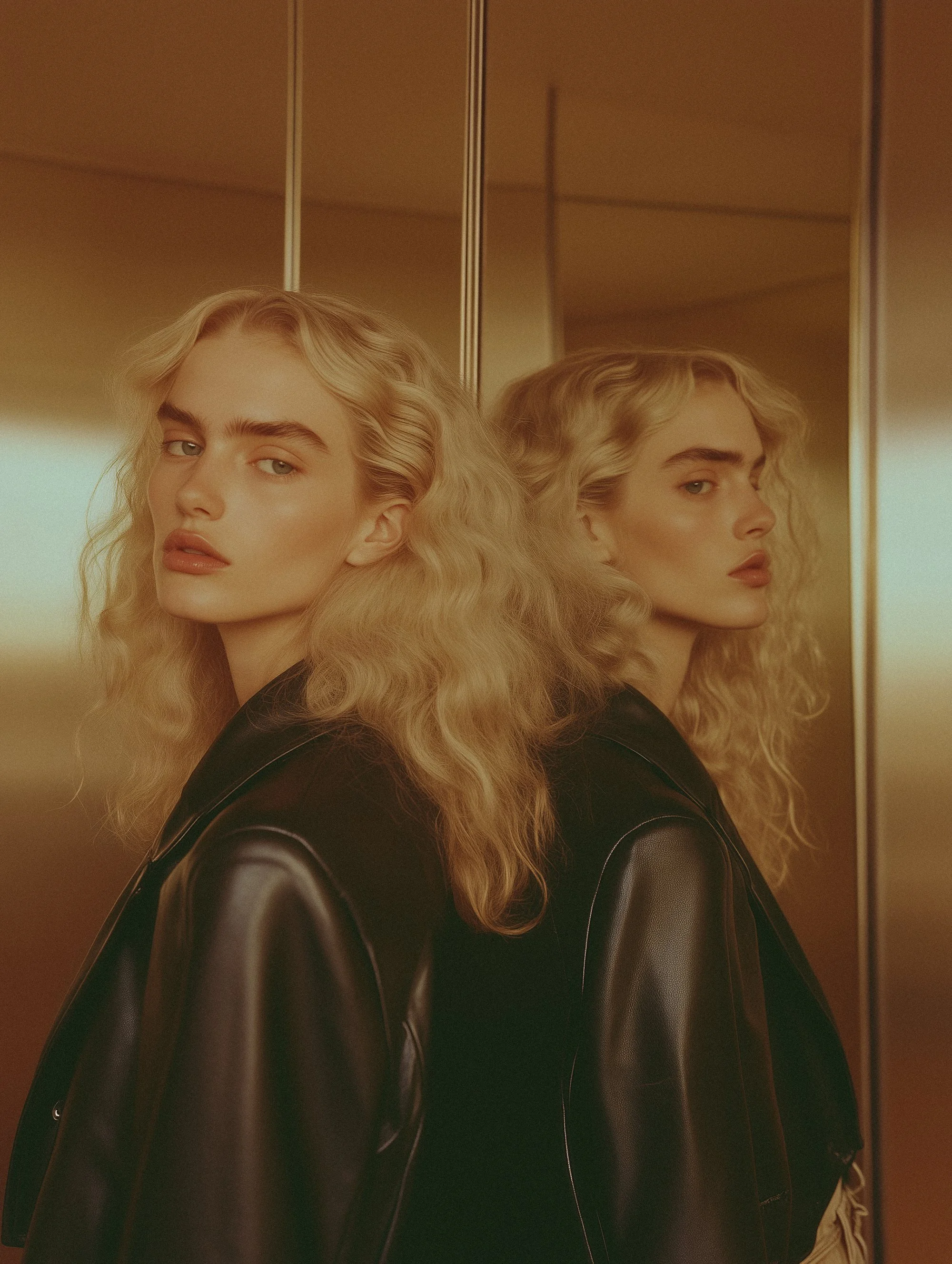 Person with long blonde hair wearing a leather jacket standing in front of a reflective surface.