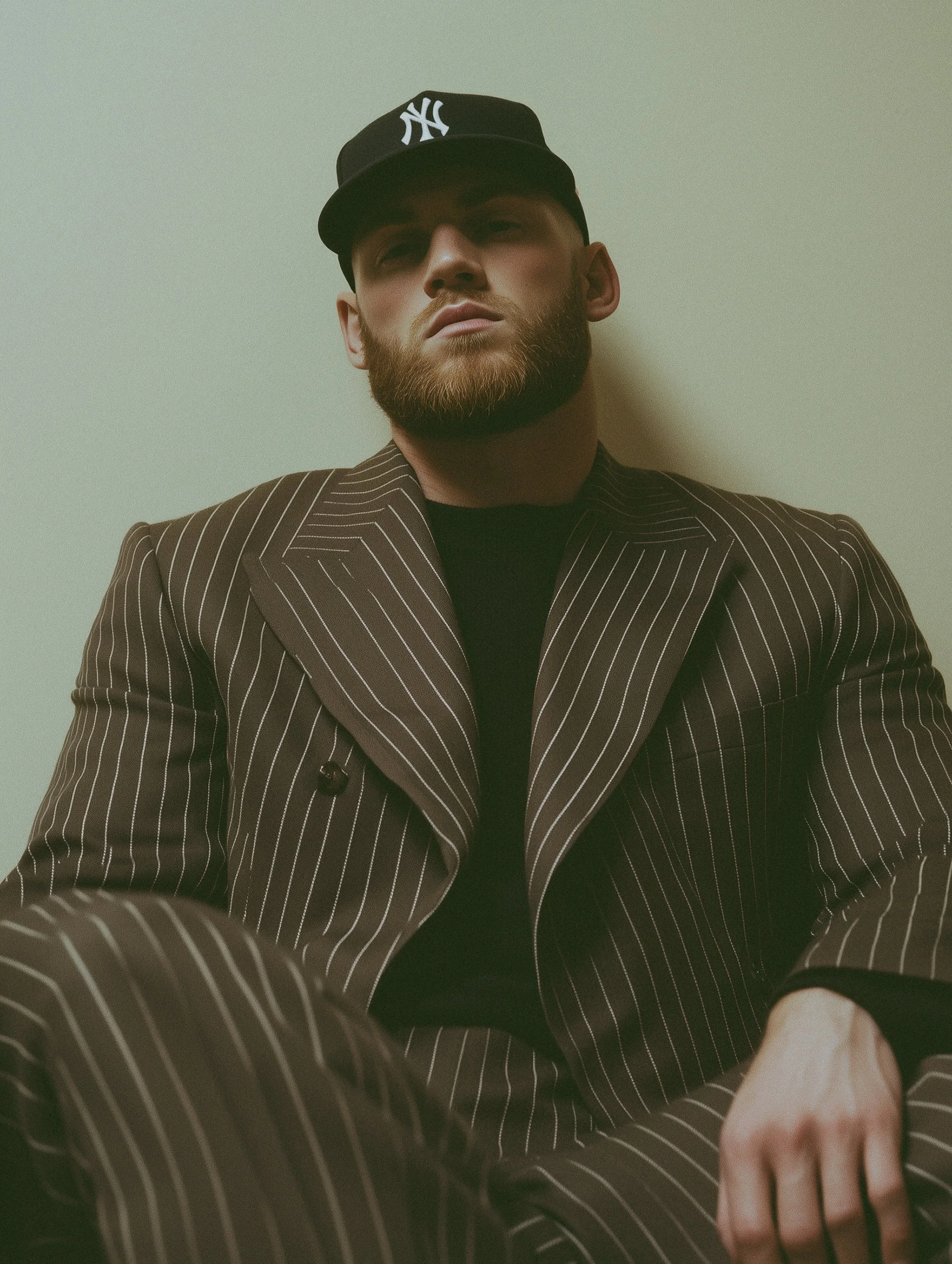 Man in pinstripe suit wearing a black cap with white logo, sitting against a light background.