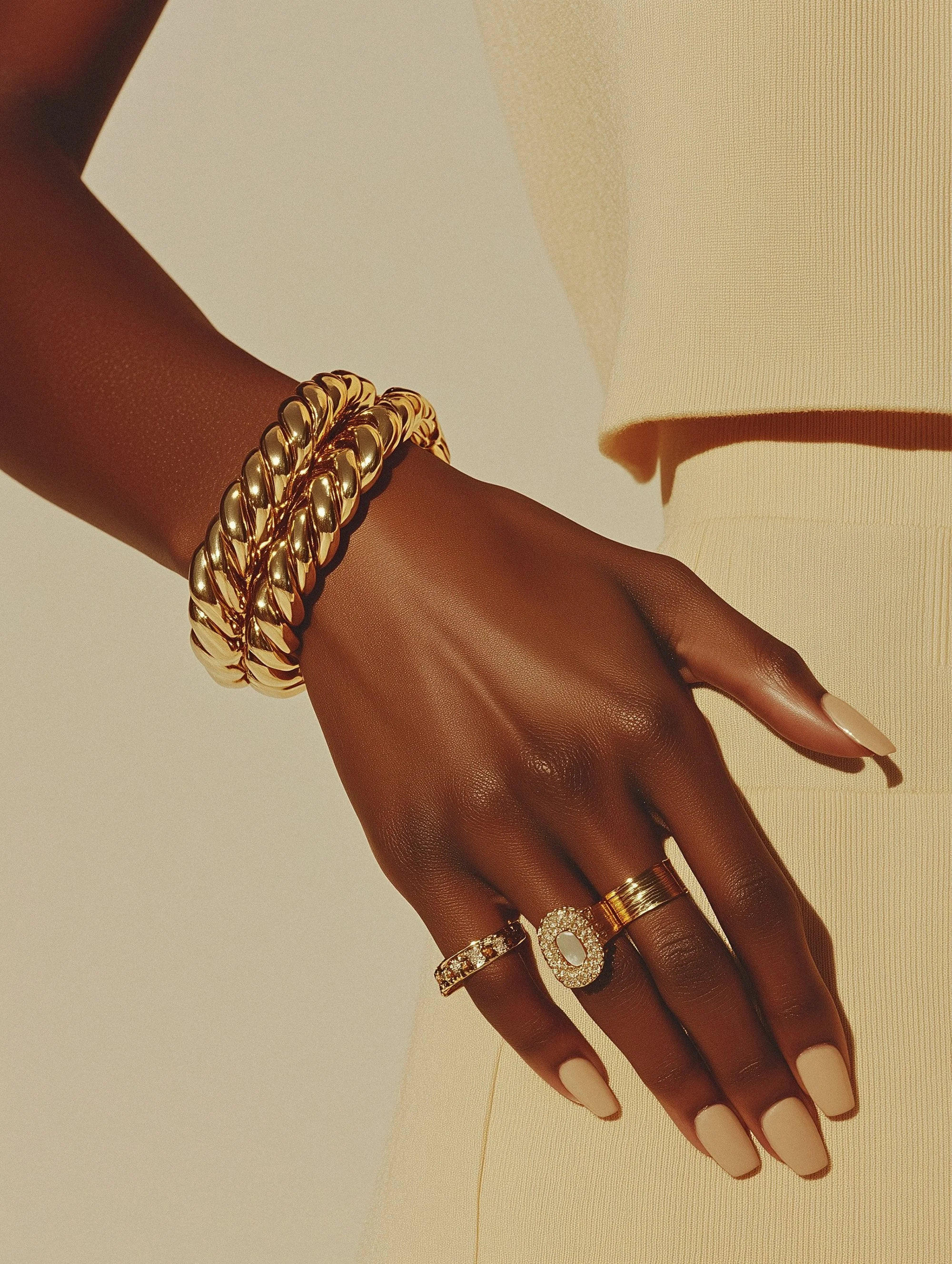 Close-up of a person's hand wearing gold bracelets and rings, with manicured nails and an off-white sleeveless top.