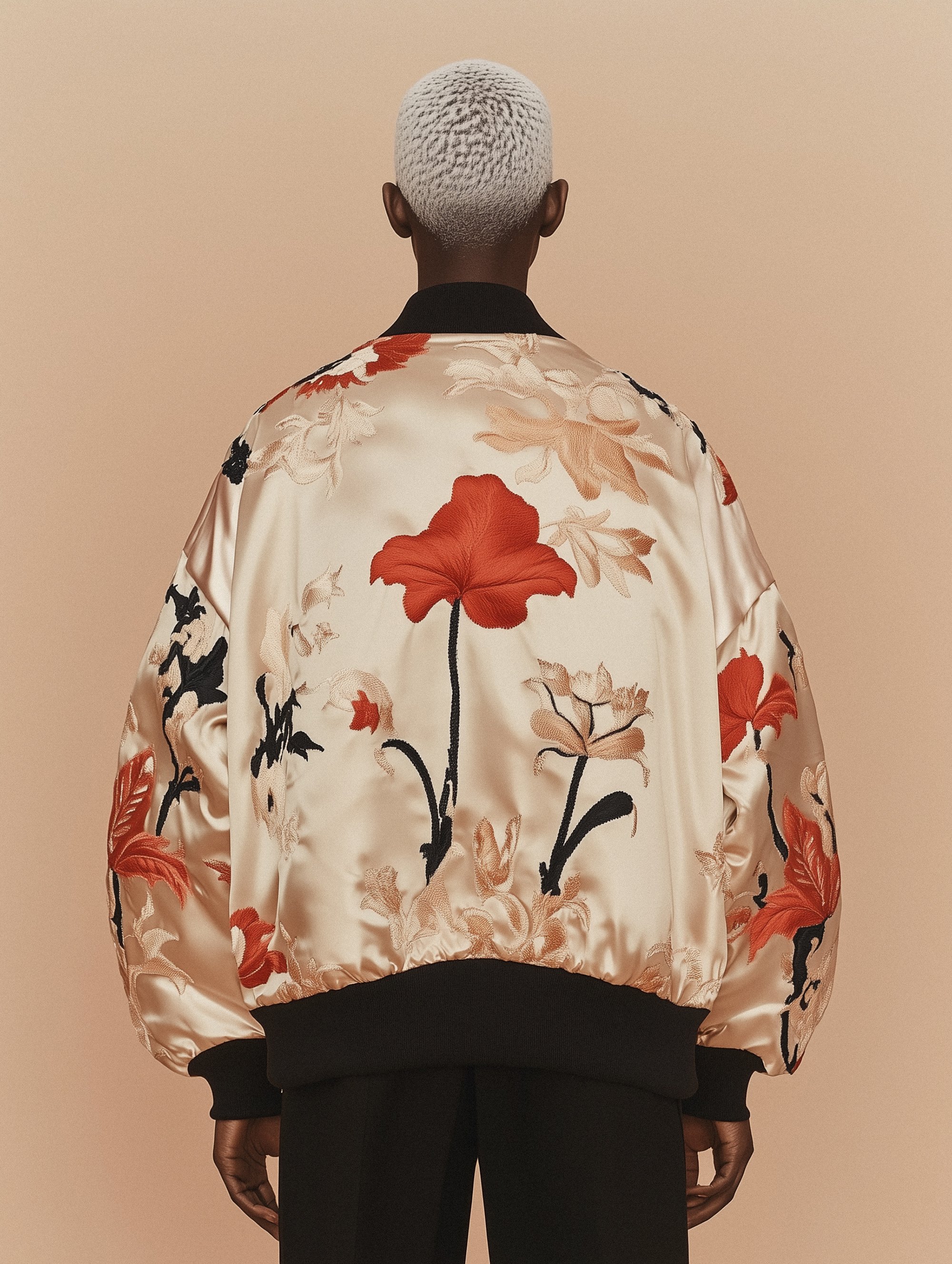 Person with short white hair wearing a cream-colored floral embroidered satin jacket, viewed from the back, against a peach background.