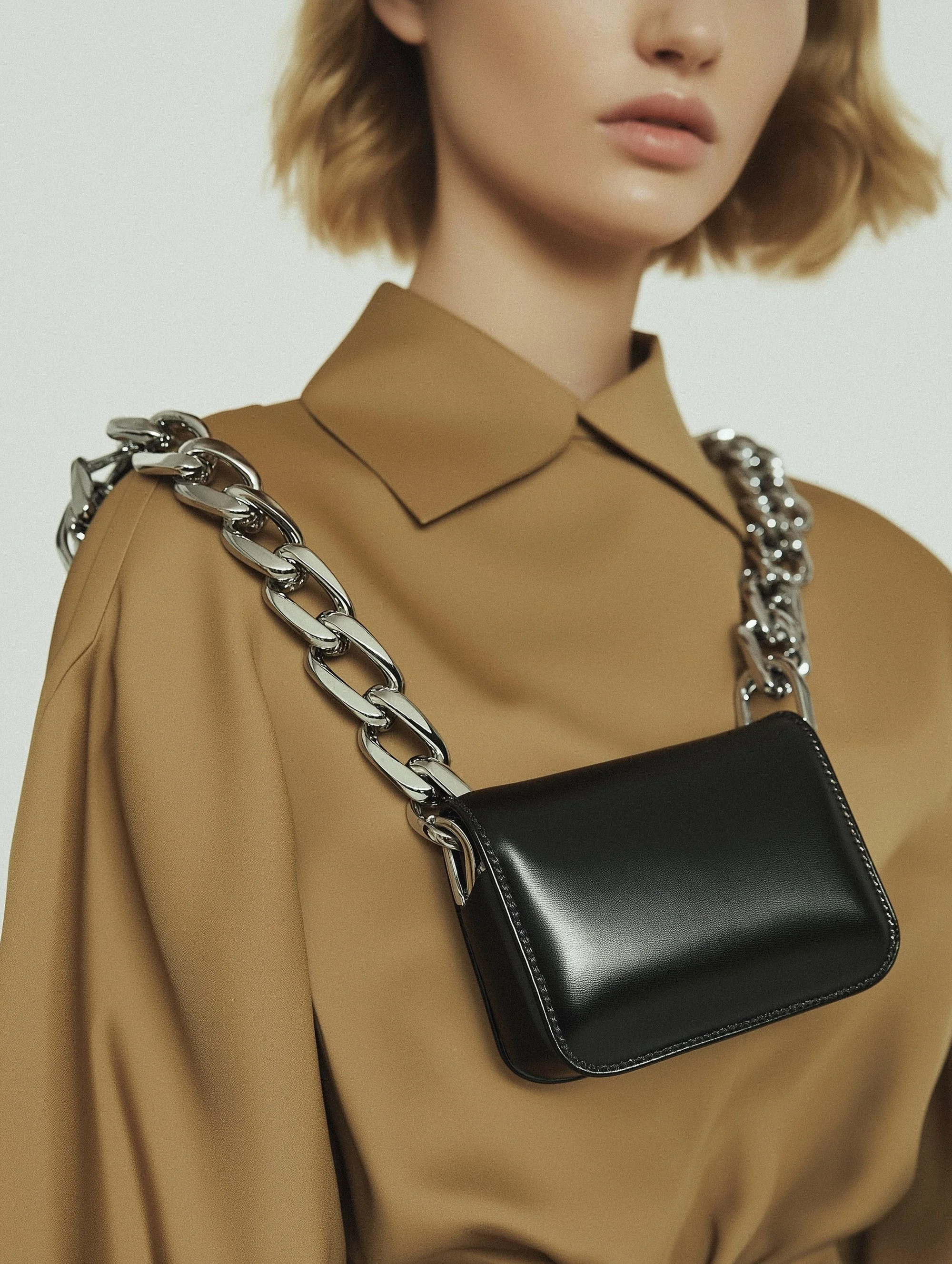 Woman wearing a tan shirt with a large silver chain and black leather purse