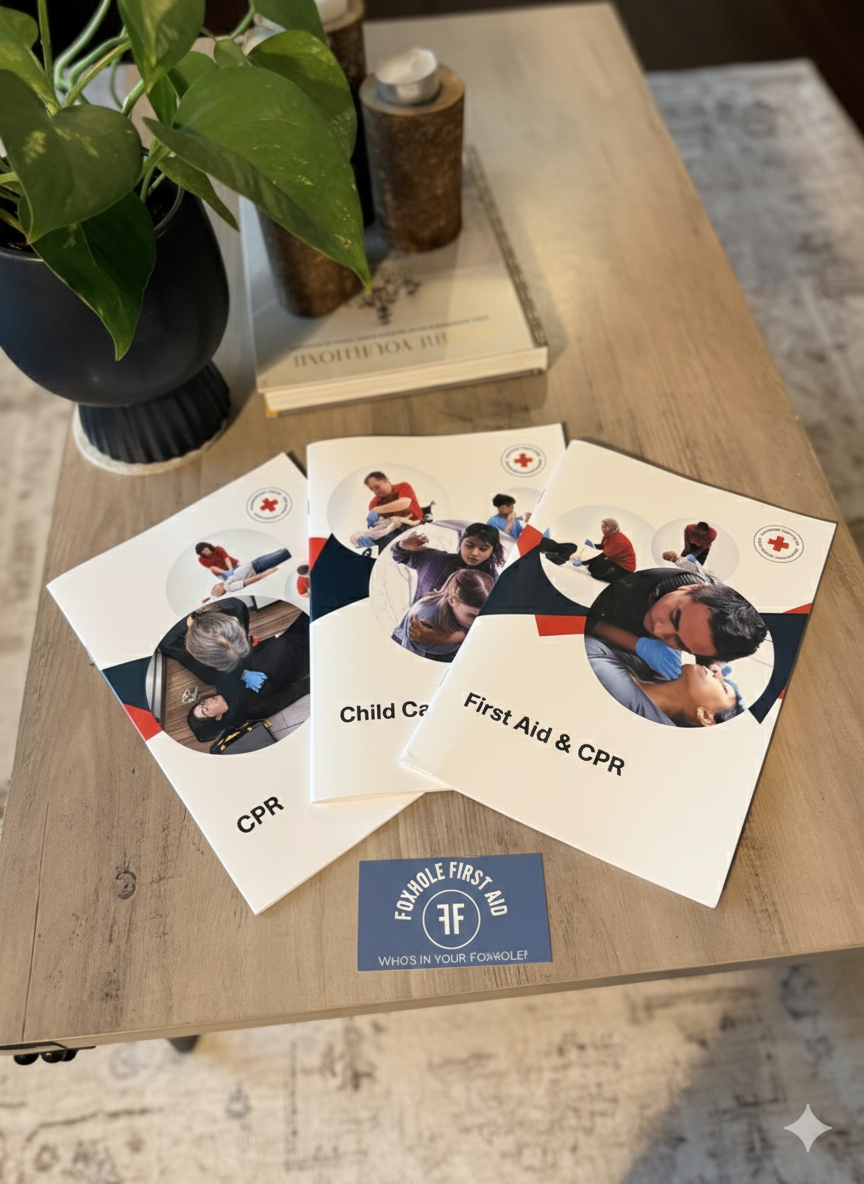 Three brochures related to first aid and CPR training, with images of people practicing CPR and child care, placed on a wooden table. There is also a blue sticker with the text "FOXYOLE FIRST AID WHO'S IN YOUR FOXYOOLE?" and a potted plant with green leaves in the background.