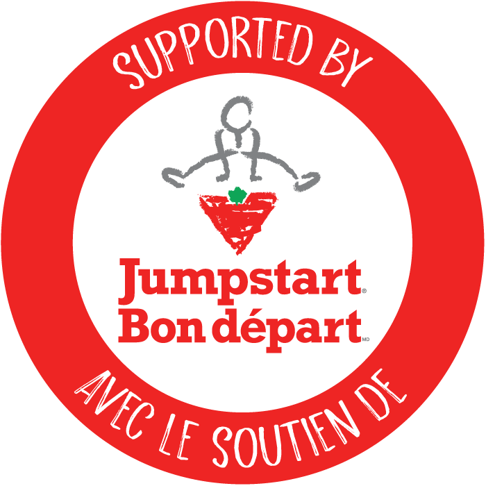 Circle logo supporting Jumpstart with a red border and white background. Contains a hand-drawn figure on top of a carrot with green leaves, and text in English and French stating support for Jumpstart.