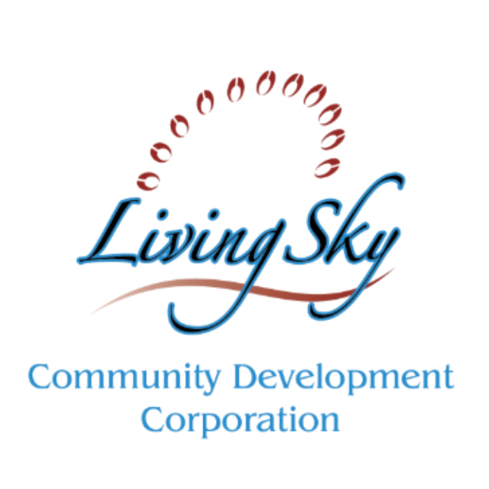Neon sign with the words 'Living Sky' and 'Community Development Corporation' beneath it.