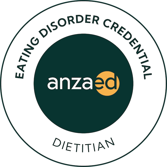 Circular badge with 'Eating Disorder Credentialed Dietitian' around the edge and 'anzaed' in the center.