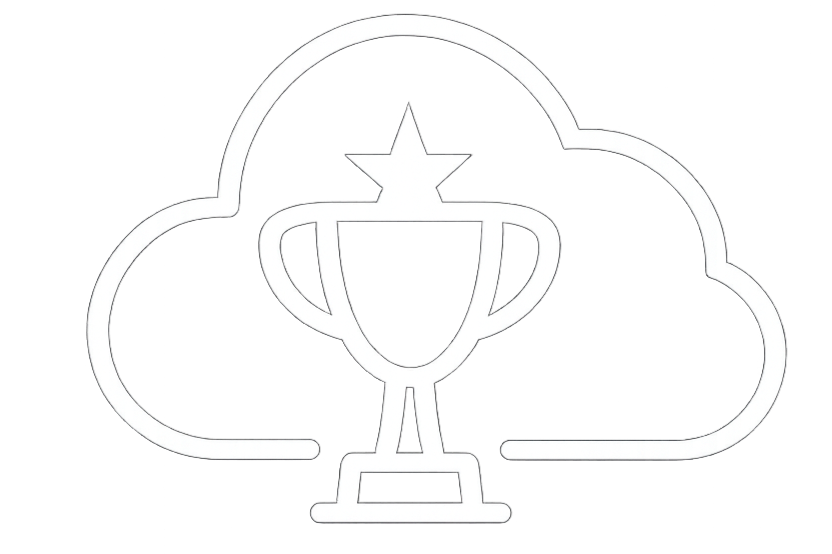 Line drawing of a trophy with a star on top inside a cloud outline.