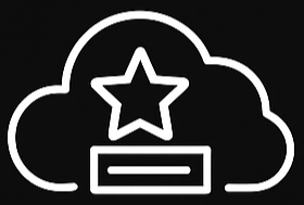Outline of a cloud with a star and a rectangular shape inside, all in white on a black background.