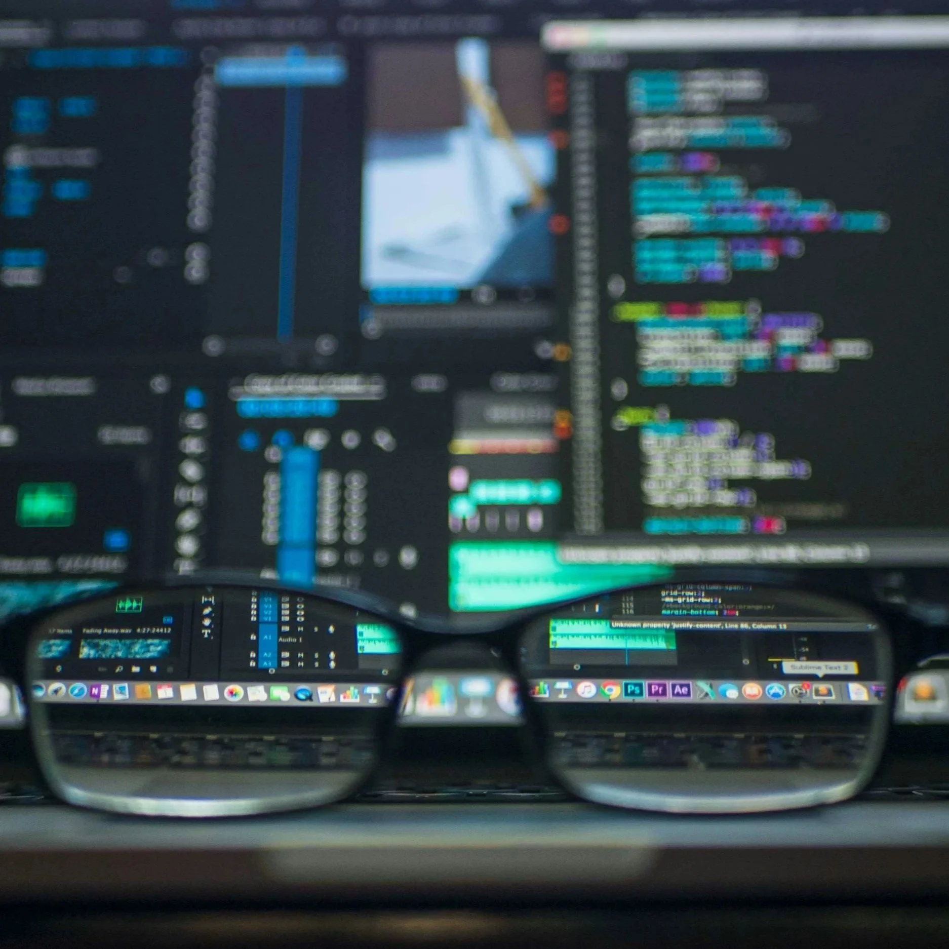 Close-up view through glasses showing a computer screen with multiple colorful code windows and a laptop keyboard in the foreground.