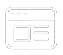 A simplified line drawing of a computer window or webpage with a square image placeholder and several lines of text.