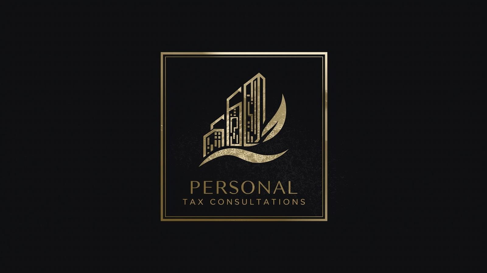 A logo for a tax consultation business, featuring a gold abstract cityscape with three tall buildings and stylized leaves, on a black background, with the text 'Personal Tax Consultations' below.