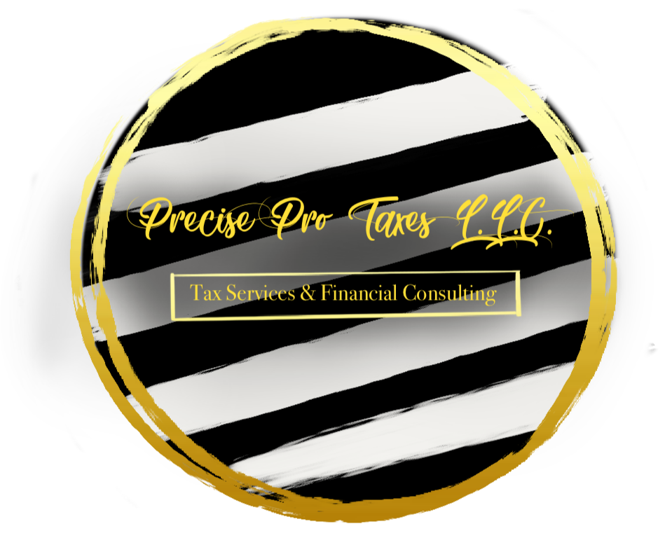 Business logo with black and white stripes and gold circle, featuring yellow text 'Precise Pro Taxes L.L.C.' and a gold-bordered box with black background and yellow text 'Tax Services & Financial Consulting'. Precise pro taxes Murfreesboro, TN