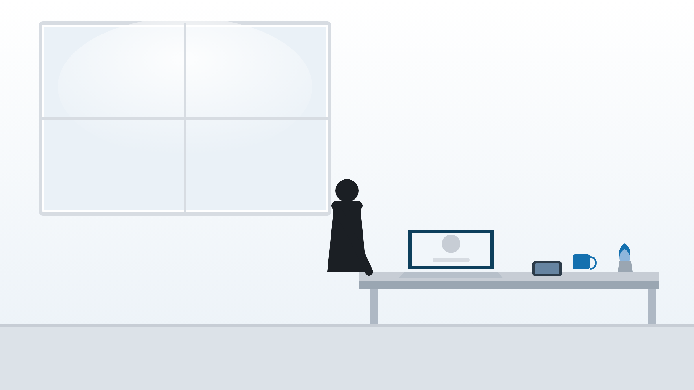 A founder alone in an office or home kitchen before a call — laptop open, phone in hand, a moment of quiet composure-gathering rather than an obvious “stressed” cliché
