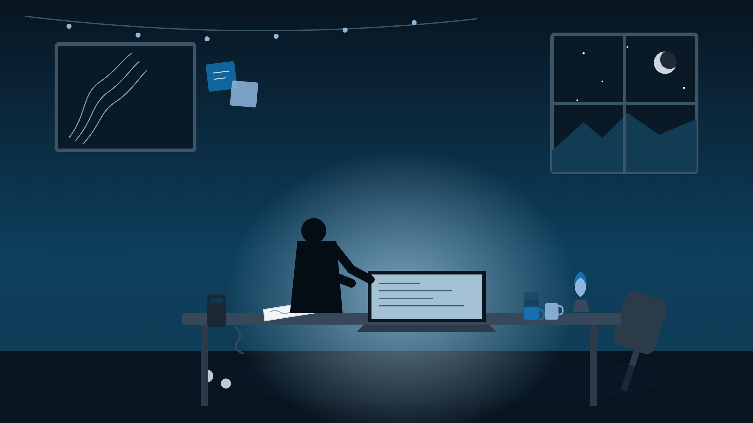 A solo founder at a desk late at night, laptop glow, visually conveying intense focus