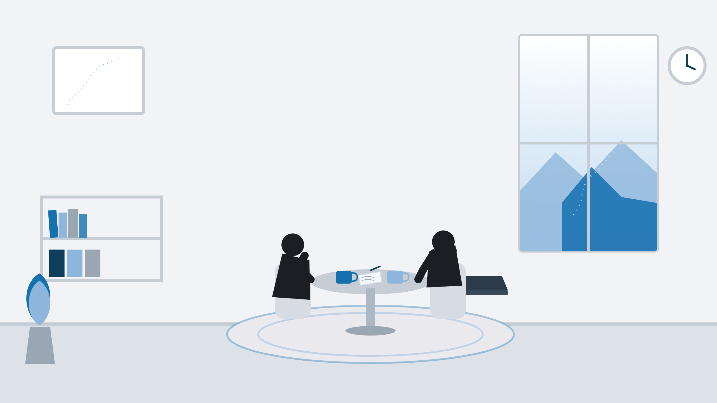 A simple, warm visual of two people in conversation across a table
