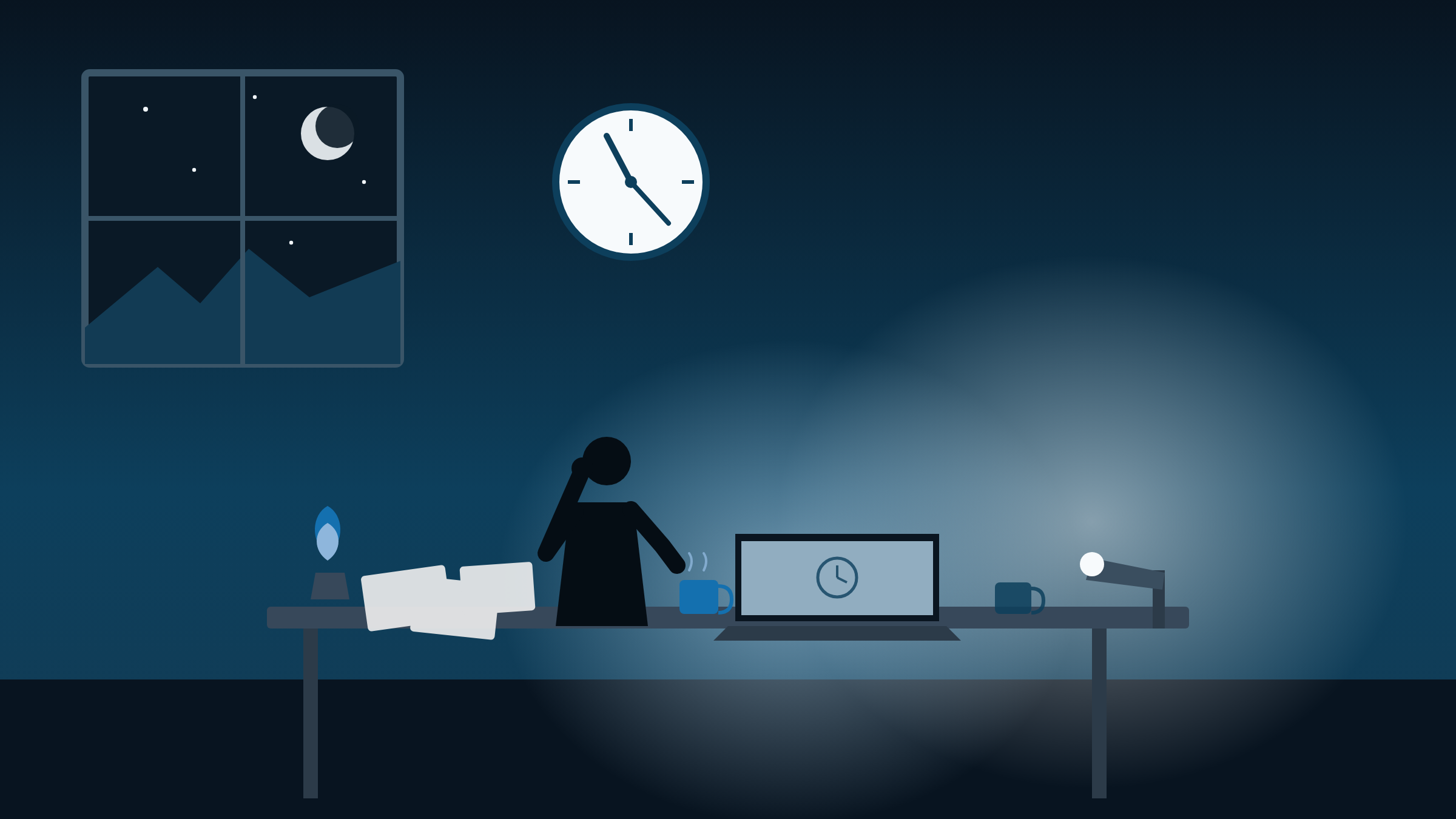 A founder at a desk late at night, laptop open, a clock or timer visible in frame showing a late hour — conveys the “deadline snuck up” moment without being cliché or overly clinical.