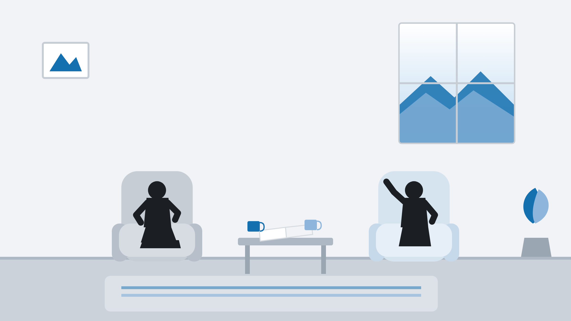 A founder in conversation with a team member or coach — collaborative, calm body language — reinforcing the idea that transparency and support (not solo grinding) is the sustainable path.