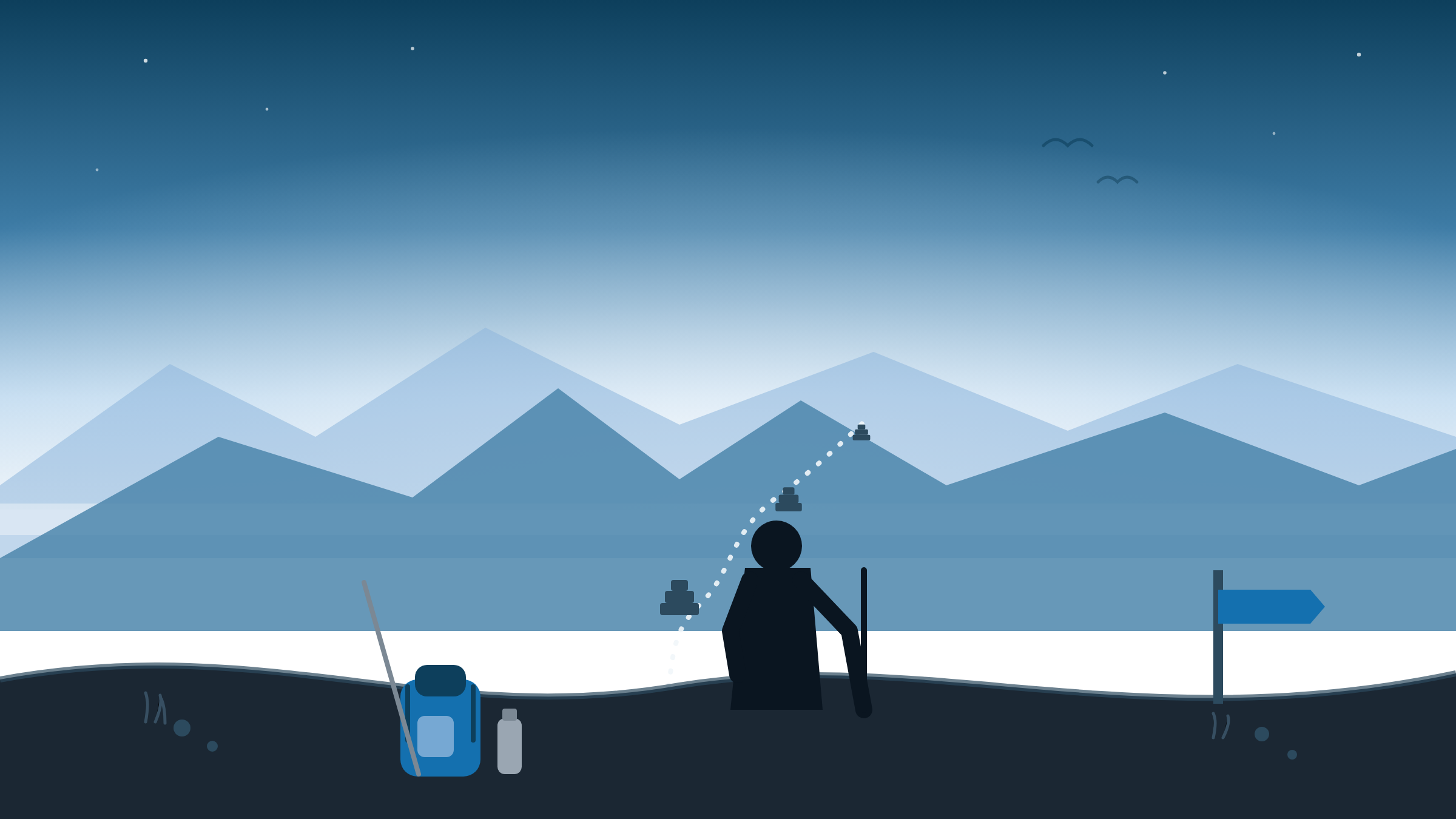 A solo founder-type figure standing at a trailhead or mountain overlook at dawn, looking out at the path ahead rather than the summit — conveys the moment of reorientation after diagnosis, not a “before/after” cliché