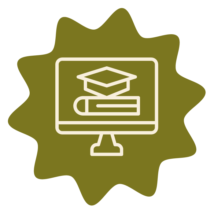 Outline of a computer monitor with a graduation cap and book