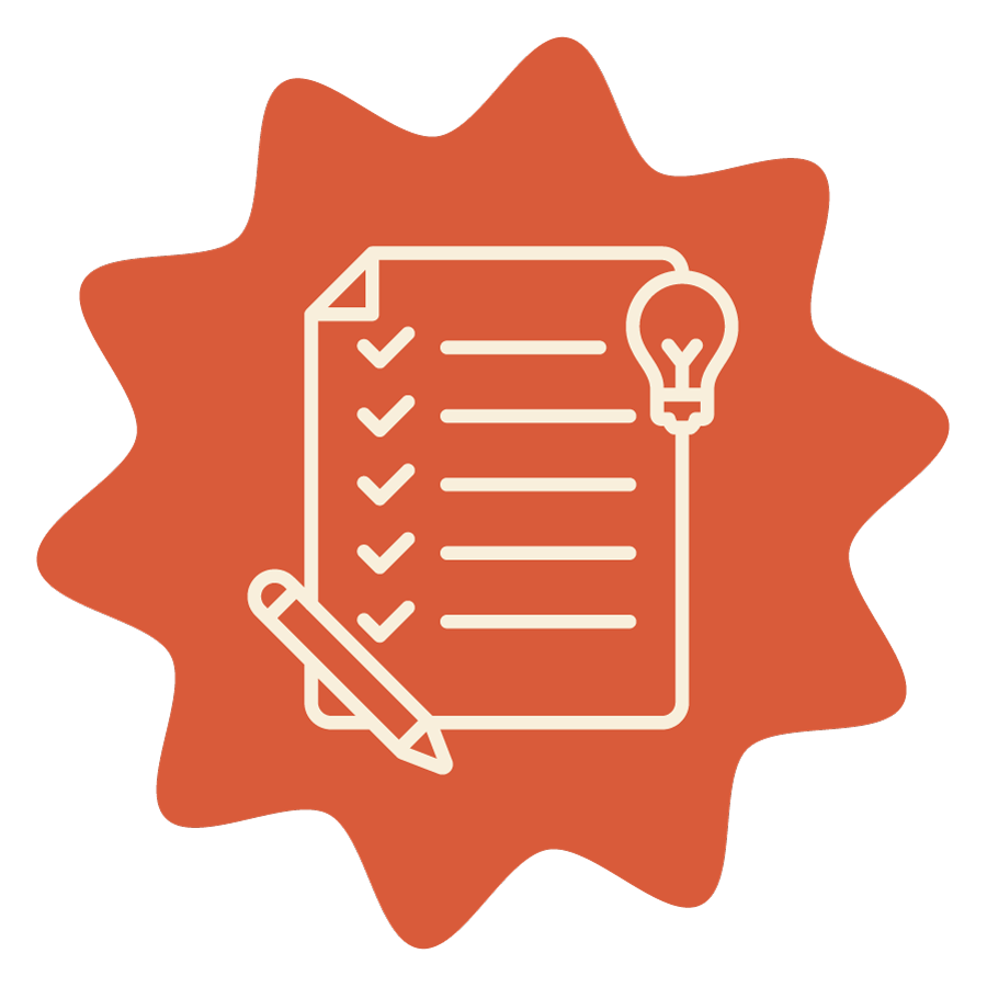 Icon of a checklist with checkmarks, a pen, and a lightbulb